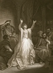 Fördömande av Anne Boleyn, graverad av George Noble, illustration från David Humes "The History of England", pub. av R. Bowyer, London, 1812