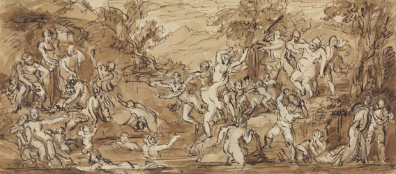 Figurstudie av en Bacchanalia-firande i ett skogslandskap