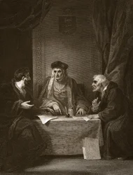 Henry VII med Empson und Dudley, graverad av Worthington, illustration från David Humes "The History of England", pub. av R. Bowyer, London, 1812