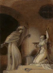 Illustration för en österländsk romans, möjligen "The Arabian Nights", med knästående kvinnlig figur till höger)