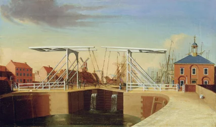 An East View of the Bridge and New Dock at Kingston upon Hull (olja på duk)