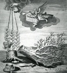 Emblematiskt tryck som hänvisar till avrättningen av Karl I och Stuart-tronföljden, 1715