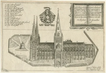 Lichfield Cathedral - South View: kopparplåtgravyr och [1600-talet]