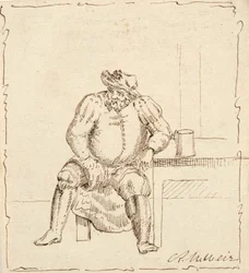 Skiss på sittande man med mugg, möjligen Falstaff