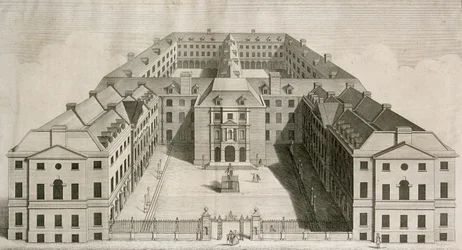 Fågelperspektiv över Guys Hospital, Southwark, med figurer på innergården, graverad av William Henry Toms, ca 1756
