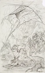 Lämmelmamman i Tuonela, skiss till en tecknad serie med Kalevala-tema