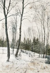 Två figurer i en vinterskog