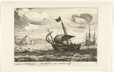 Dogger av dogboot Een Dogh-boot groot om 8 Last / Dogh-Boot de 8 Tonneaux (titel på objekt) Hollandse scheepstypen, 1627 (serietitel) Olika fartyg Don ton se sert dans les Unies Provinces / Ikoner för olika holländska fartyg vars användning är maxi