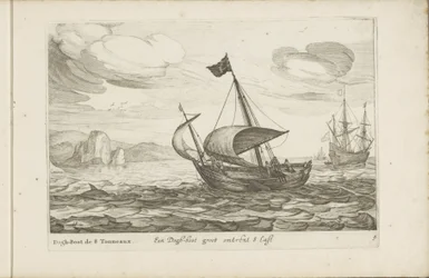 Dogger av dogboot Een Dogh-boot groot om 8 Last / Dogh-Boot de 8 Tonneaux (titel på objekt) Olika fartyg finns inte på se sert dans les Provinces Unies / Ikoner för olika holländska fartyg vars användning huvudsakligen är i regionens inre vatten