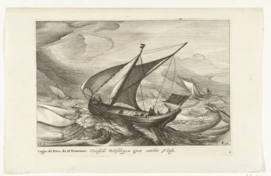 Frisiska färjor Vriesche Ferry fartyg stora ca 38 Last / Cague de Frise. The 38 Tonneaux (titel på objekt) Holländska skeppstyper, 1627 (serietitel) Diverse Navires Don to se sert dans les Provinces Unies / Icones Variarum Navium Hollandicarum