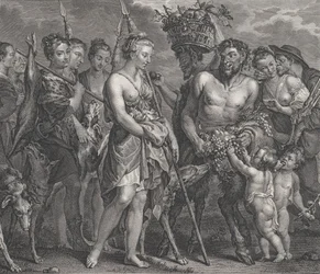 Diana återvänder från jakten, åtföljd av hundar och hennes nymfer till vänster, två satyrer..., ca. 1808