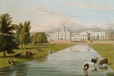Utsikt över Horse Guards och Melbourne House, sedd från St. James’s Park, utgiven 1821 av Colnaghi och Co.