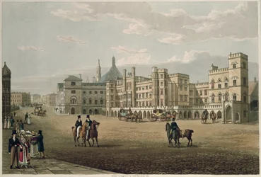 Vy över House of Lords and Commons, från Old Palace Yard, pub. 1821 av Colnaghi und Co. (akvatint)