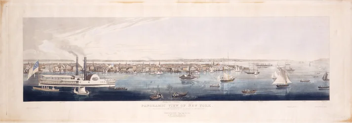 Panoramavy av New York, tagen från North [Hudson]River, 1844 (handkolorerad etsning och akvatint, femte tillstånd)