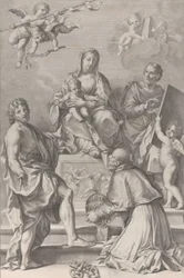 Madonna och barnet i centrum med Johannes Döparen, Sankt Lukas, påven Peter Celestini,..., 1694.