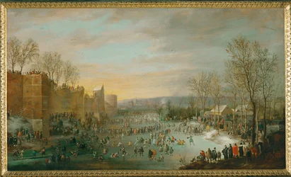 Skridskoåkning i stads-moat i Bryssel, Belgien, ärkehertig Leopold Wilhelm, guvernör, tittar på från sin vagn (målning på ek)