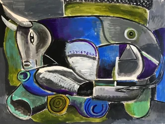 Bull at Rest, ca 2020 (akryl på duk, papper)