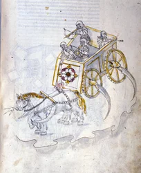 Krigskonst: studie av militära maskiner. Stridsvagn utrustad med lie, illustration från 