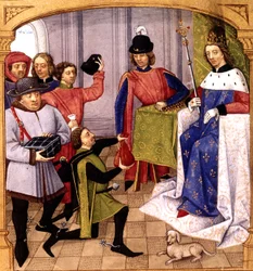 Fransk släkting Philip V (1293-1322) tar emot skatt, belysning av Robinet Testard från "Grandes Chroniques de France" 1471