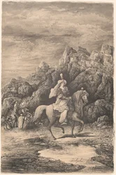 Orientalisk ryttare i ett öde bergslandskap