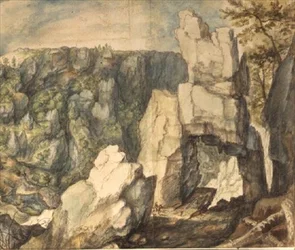 Bergslandskap (penna och brunt bläck, akvarell)