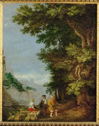 Bergslandskap med fruktförsäljare (målning på ek)