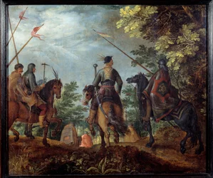 Polska ryttare går i en skog. Målning av Roelant (Roelandt) Savery (1576-1639)