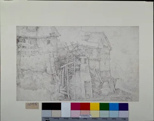 Halmtäckta bostäder, delvis i ruiner, på en bergssida (penna och bläck med krita på papper)