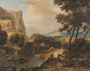 Bergigt landskap med fiskare