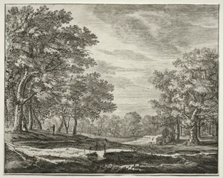 Sex utsikt i skogen i Haag: En man med en stav i sin hand.