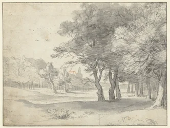 Utsikt i Haagse Bos, med Grote Kerk, Haag, på avstånd