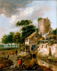 R.J. v. Vries, landskap med ett torn