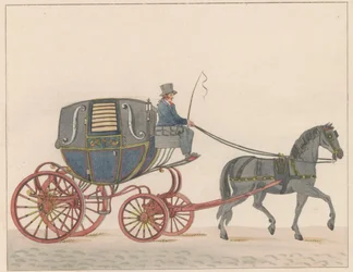 Hästskjuts i Amsterdam, ca 1825 En Amsterdamsche Huurkoetsje eller Moped / Un Fiacre de Louage en usage à Amsterdam A ij connu sous la nom de Brommertje (titel på objekt)