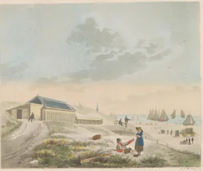 Stranden i Scheveningen, ca 1825 Utsikt över stranden och sanddynerna i Scheveningen och presentation av herr Pronks badhus / Vue du rivage et des dunes a Scheveninge et representation des Bains appartement à mons.r Pronk (titel på objektet)