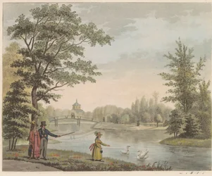 Trädgård vid Huis ten Bosch, ca 1825 Utsikt över den schweiziska bron och Vijver, nära huset i Bosch i s