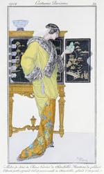 Kinesisk sidenklänning, fodrad med chinchilla, sammetsrock - i "Journal des dames et de la mode: Costumes Parisiens", nr 32