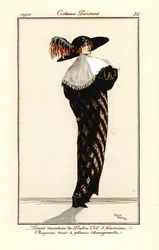Kvinna i lång kappa av utterpäls med hermelinkrage, svart hatt med mångfärgad fjäder, etsning efter en illustration av Roger Broders ur Tommaso Antonginis Journal des Dames et des Modes, Aux Bureaux du Journal des Dames, Paris