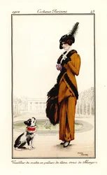 Kvinna i morgondräkt av ullsammet med skunkpäls med hund Tailleur du matin en velours de laine orne de skungs. Handkolorerad pochoir-etsning (schablon) efter en illustration av Roger Broders från Tommaso Antonginis Journal des Dames et des
