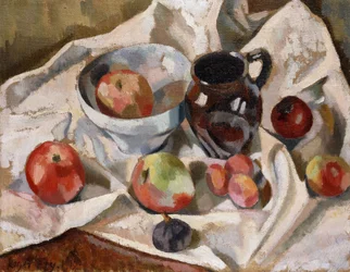 Stilleben med äpplen, plommon och en kanna, 1919