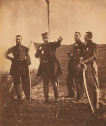 Franske generalen Pierre Bosquet (i mitten), som ger order till sin stab, Krimkriget, Krim, Ukraina