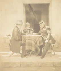 Krigsrådet på morgonen av intagandet av Mamelon. Lord Raglan, Omar Pasha, M..., 1855.