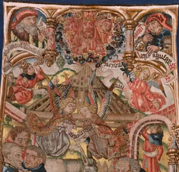 flamländsk gobeläng. Triptyk över Kristi födelse (Tríptico del Nacimiento de Jesús). Modeller från Cartoonist of the Circle of Rogier van der Weyden. Tillverkning södra Nederländerna. Ca 1492. Tyg Guld, silver, siden och ull.