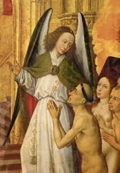 Den yttersta domens altare: detalj: En ängel som leder de rättfärdiga till paradiset, en gyllene katedral