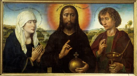 Kristus återlösare mellan Jungfrun och Sankt Johannes evangelisten säger Triptyk Braque. Målning av Rogier (Roger) Van Der Weyden (1400 - 1464)