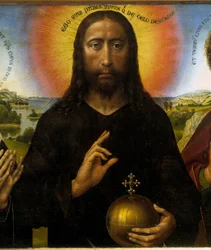 Kristus återlösare mellan Jungfrun och Sankt Johannes evangelisten säger Triptyk Braque. Detalj av Kristus. Målning av Rogier (Roger) Van Der Weyden (1400 - 1464) Ec. Flam.