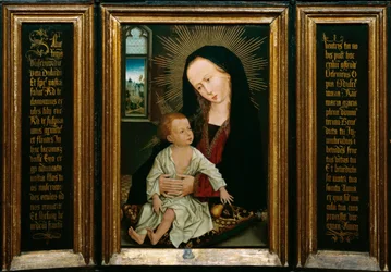 Salve Regina (Salve, o drottning, katolsk bön), representation av jungfrun och barnet som håller ett päron (olja på trä)