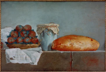 Stilleben av frukt med bröd
