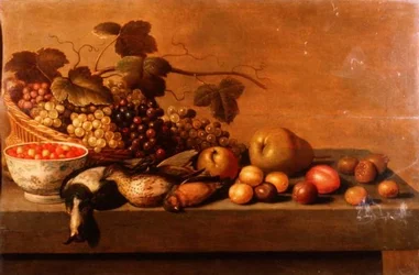 Stilleben av frukt och viltfåglar