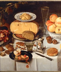 Stilleben. Äpplen, ost, frukt, porslin (olja på ek)