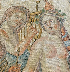 En kentaur som förtrollar en Maenad, detalj från Dionysos triumferande procession, Aions hus, Paphos, Cypern (mosaik).